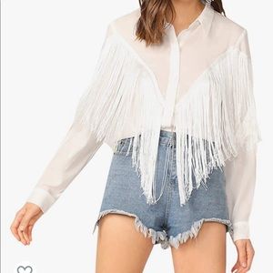 NWOT Fringe Trim Long Sleeve Button Up Blouse